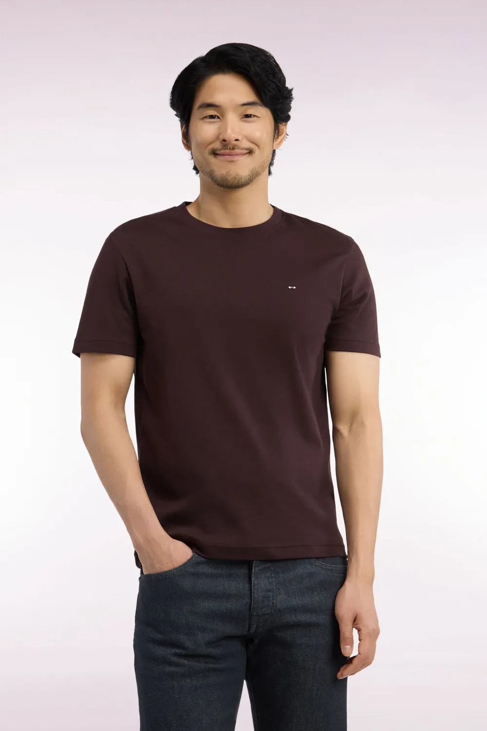 Eden Park T-Shirt Coton Marron Coupe Droite Col Bords-Côtes