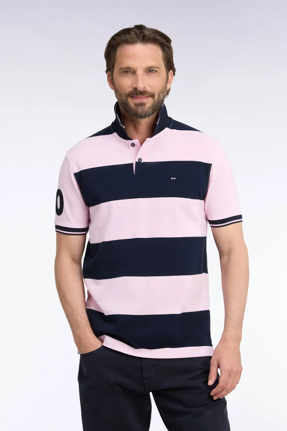 Eden Park Tricolore polo manches courtes rayé rose marine coupe droite