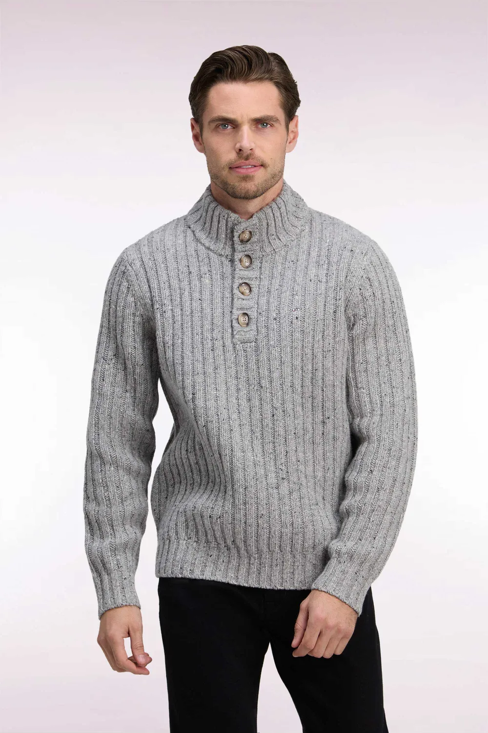 Eden Park pull col montant boutonné gris chiné maille épaisse