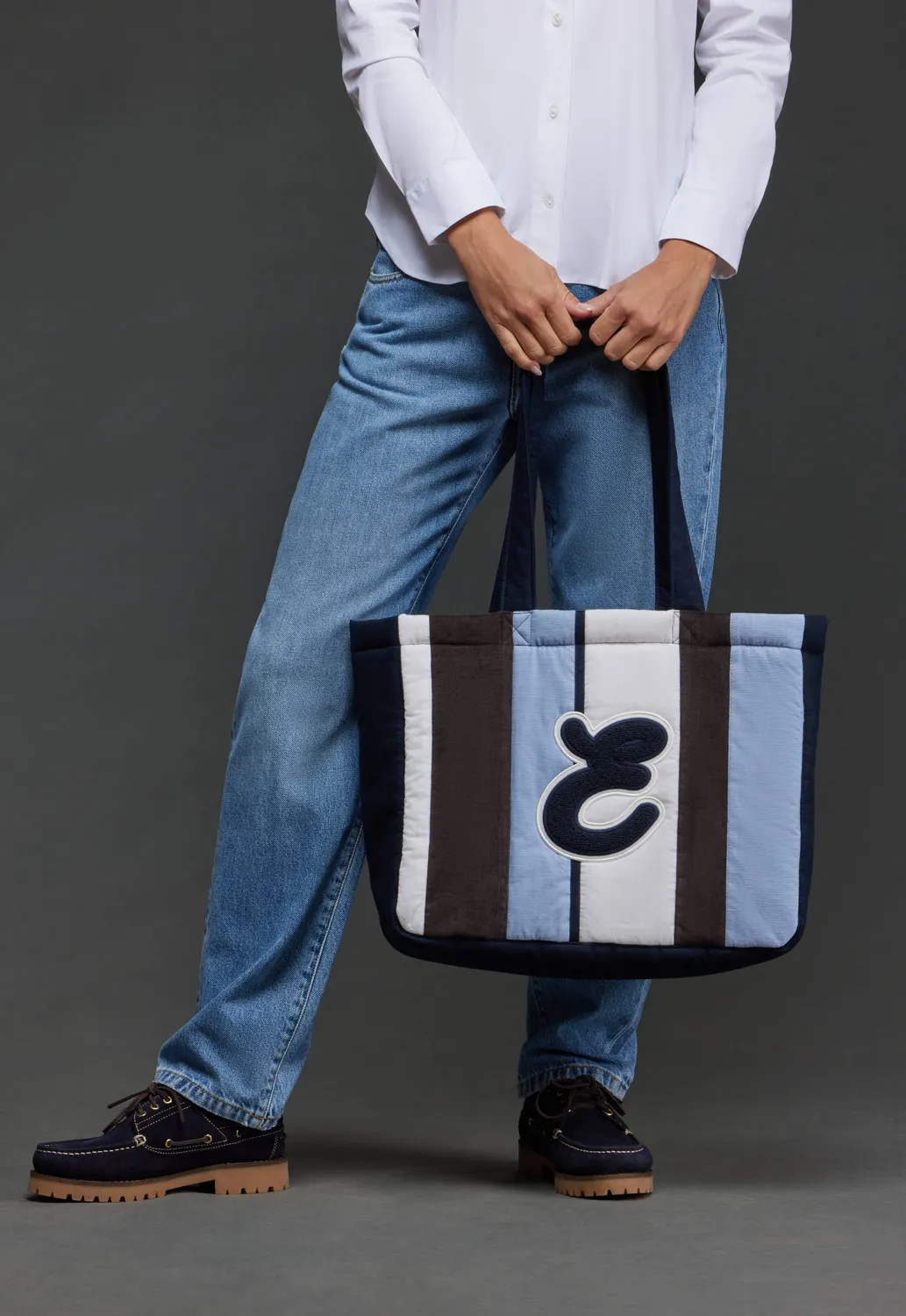 Eden Park sac cabas velours rayé bleu upcyclé 40 cm