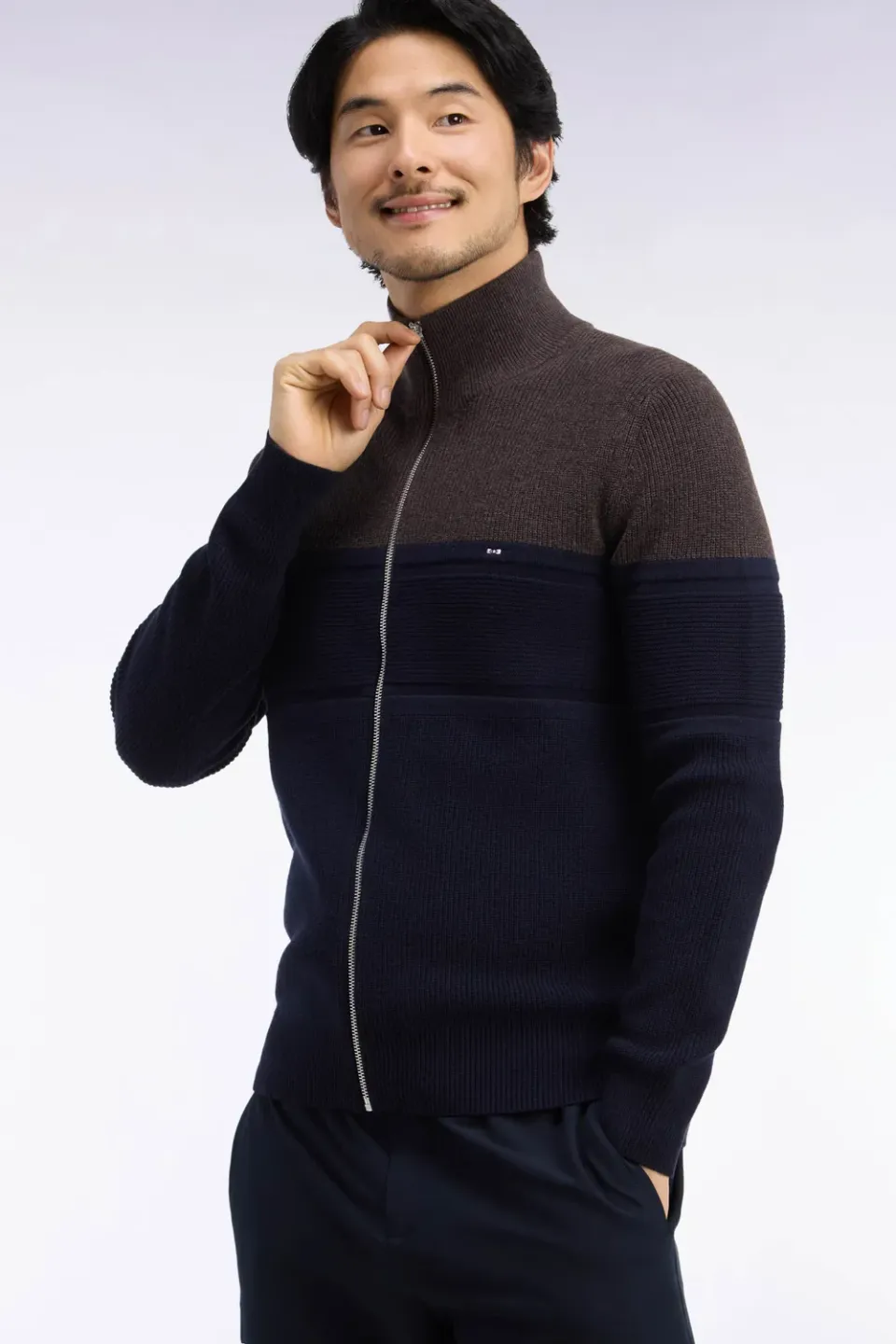 Eden Park cardigan zippé laine mérinos marine marron