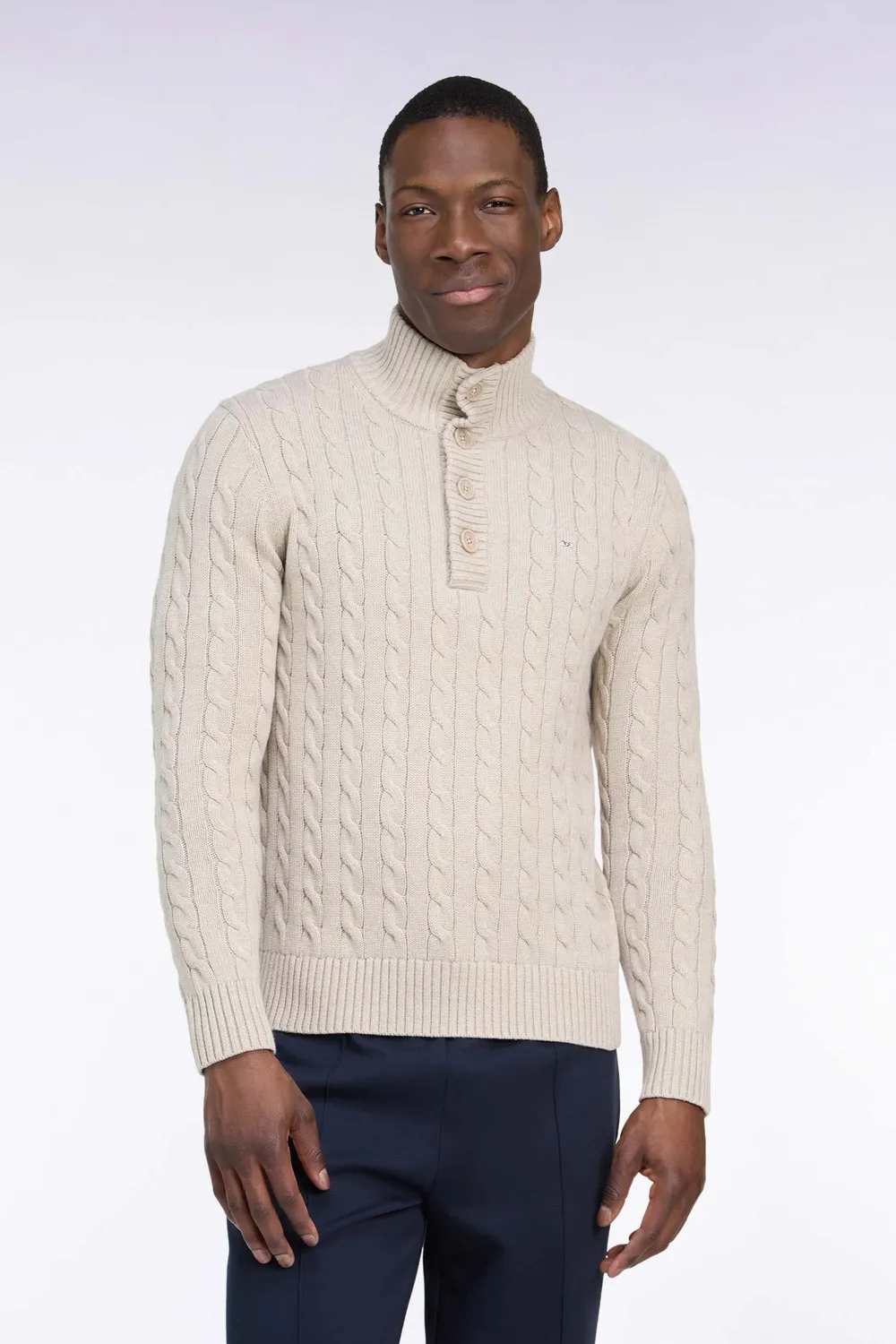 Eden Park pull homme beige torsades coton col boutonné droit