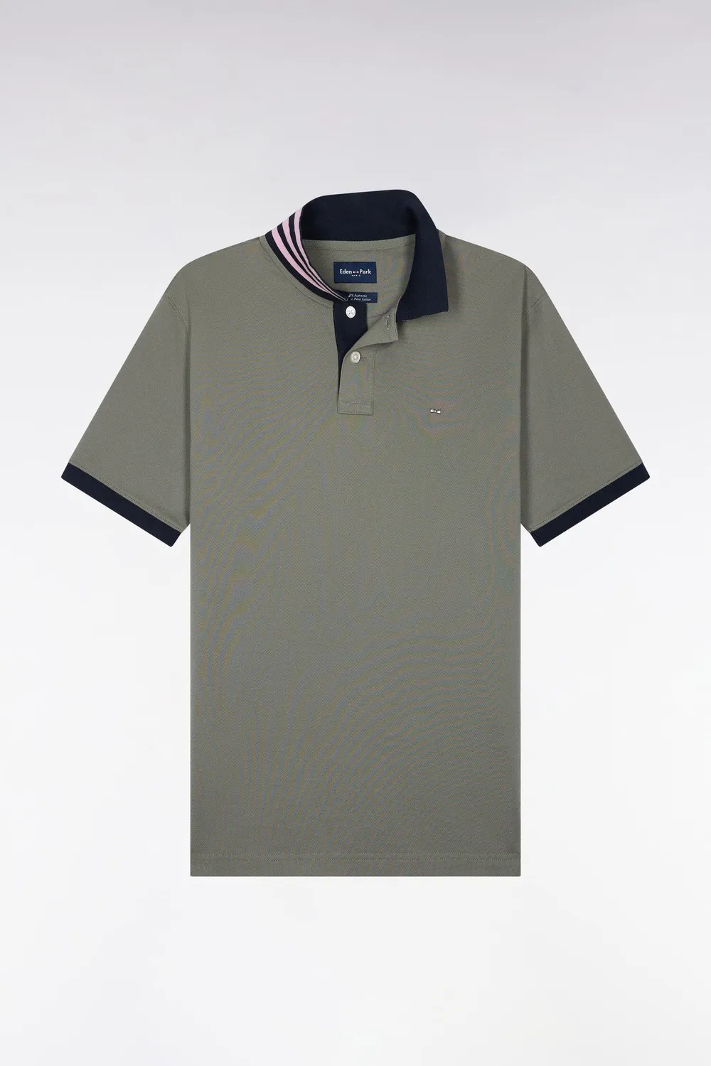 Eden Park polo kaki coton Pima coupe droite sous-col rayé