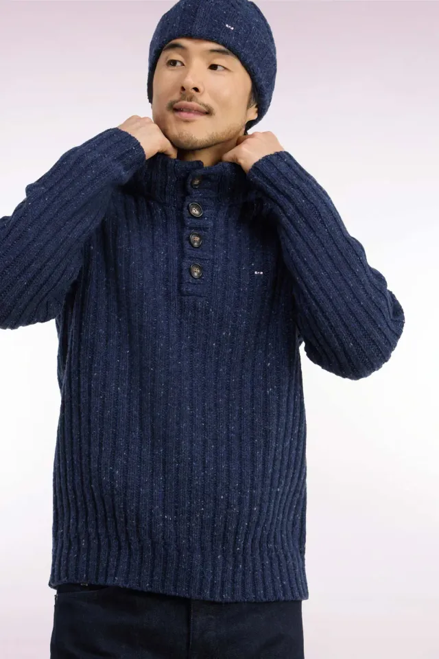 Eden Park pull col montant bleu chiné maille épaisse homme