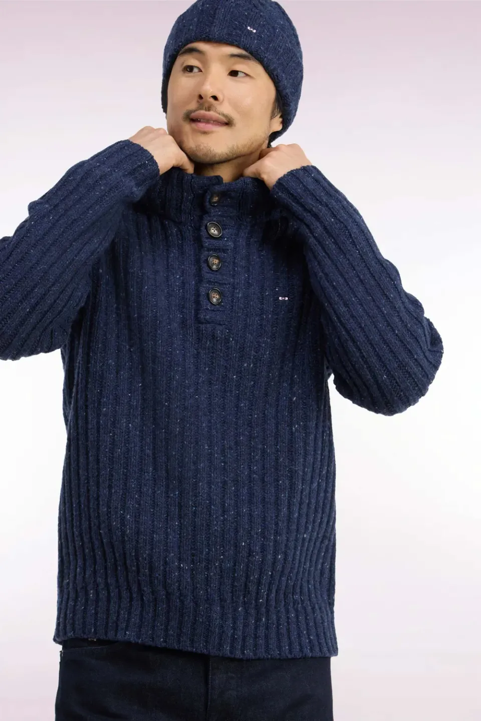 Eden Park pull col montant bleu chiné maille épaisse homme
