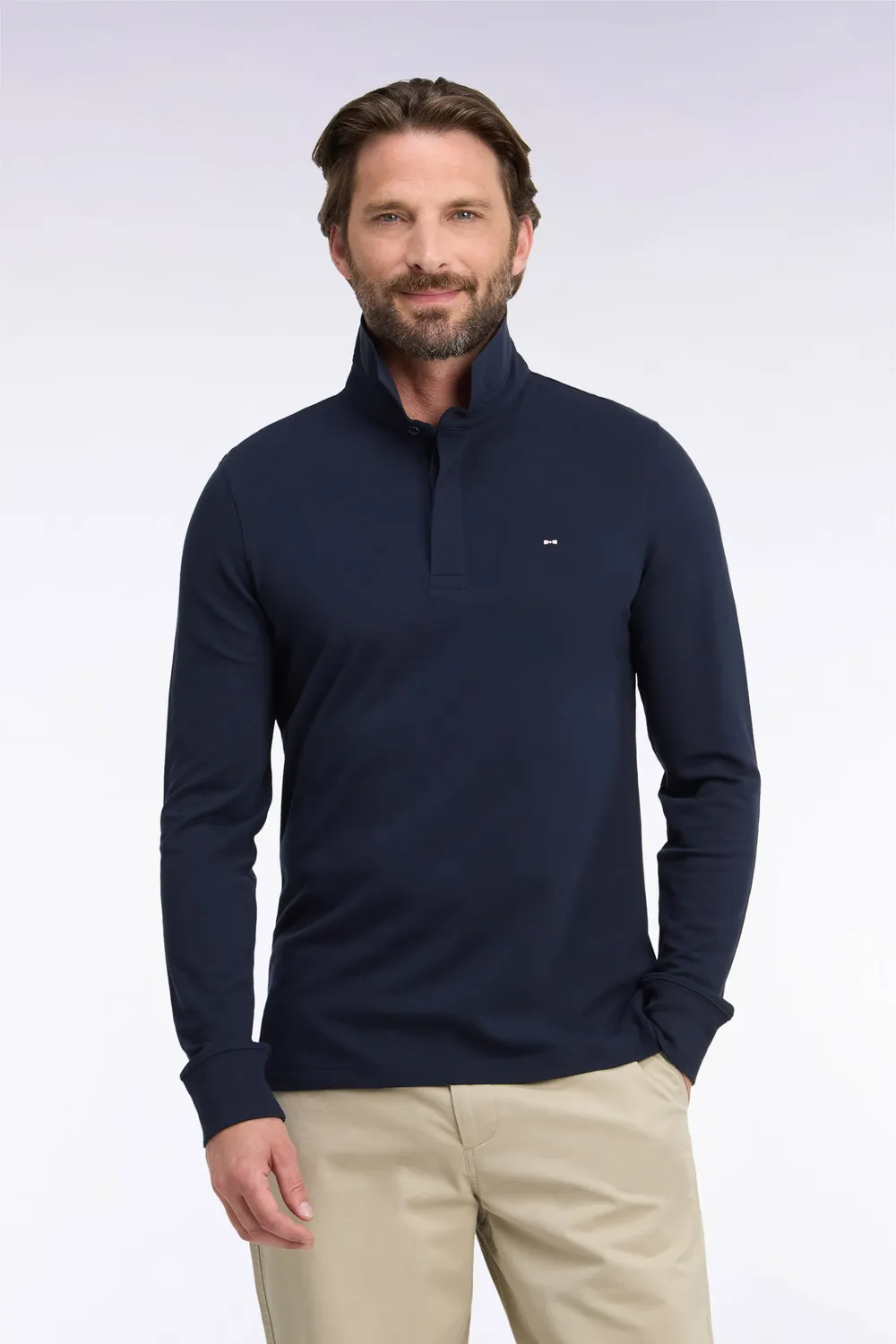 Eden Park Polo Manches Longues Coton Stretch Marine Coupe Ajustée