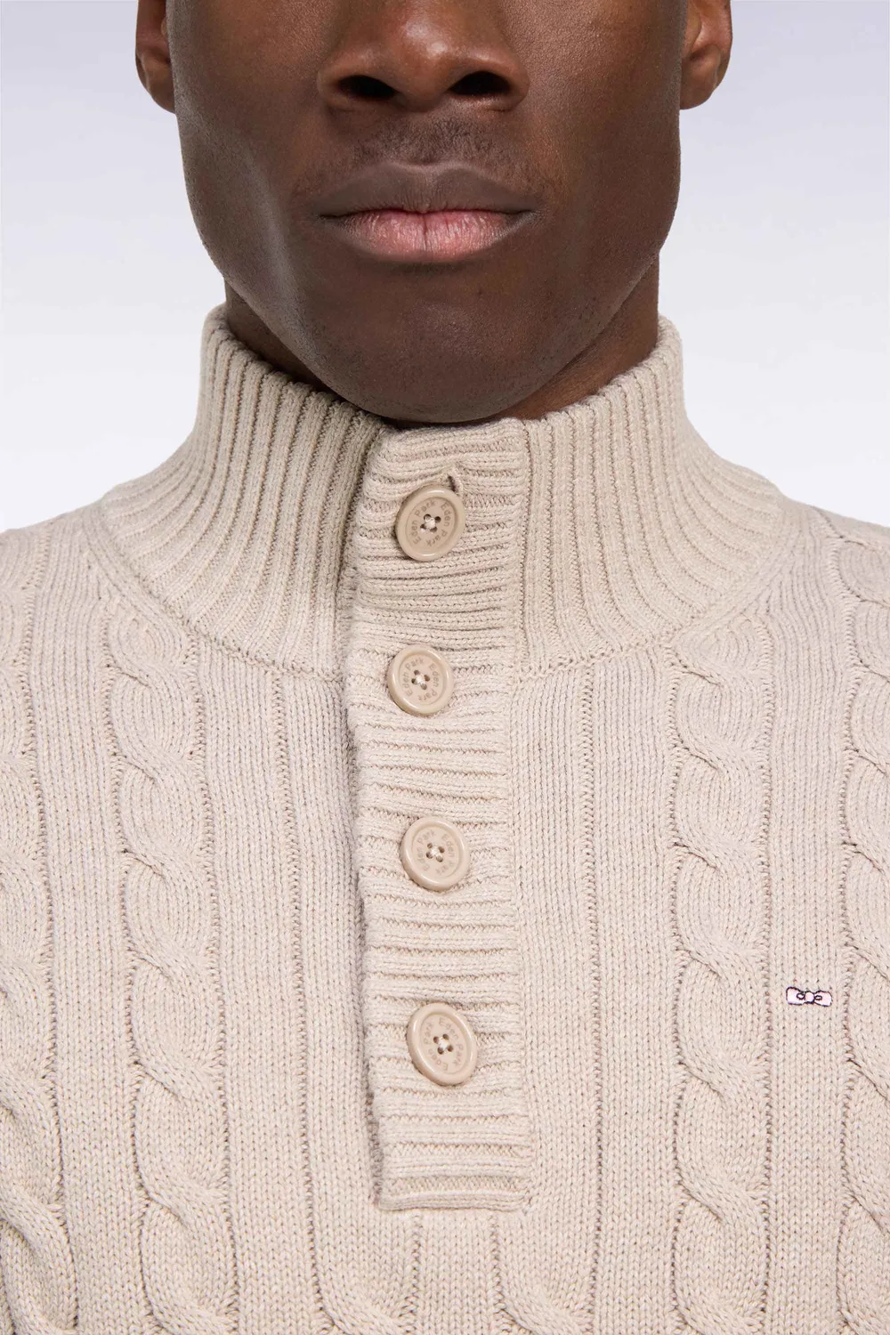 Eden Park pull homme beige torsades coton col boutonné droit
