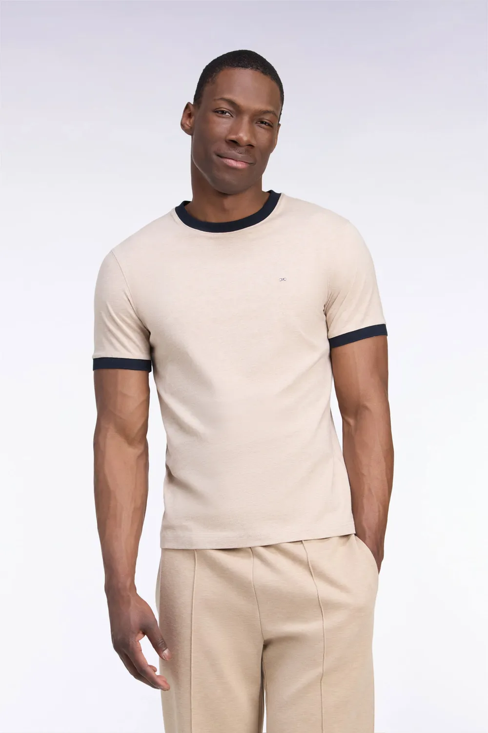 Eden Park t-shirt coton beige bords-côtes marine coupe droite