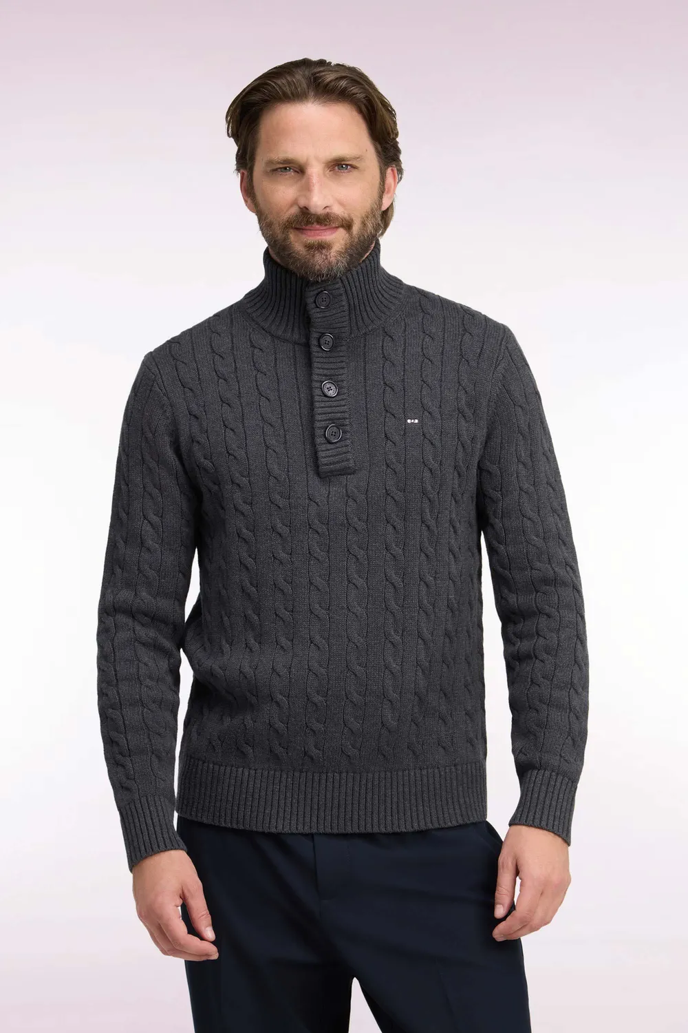 Eden Park pull torsades col boutonné coton gris coupe droite