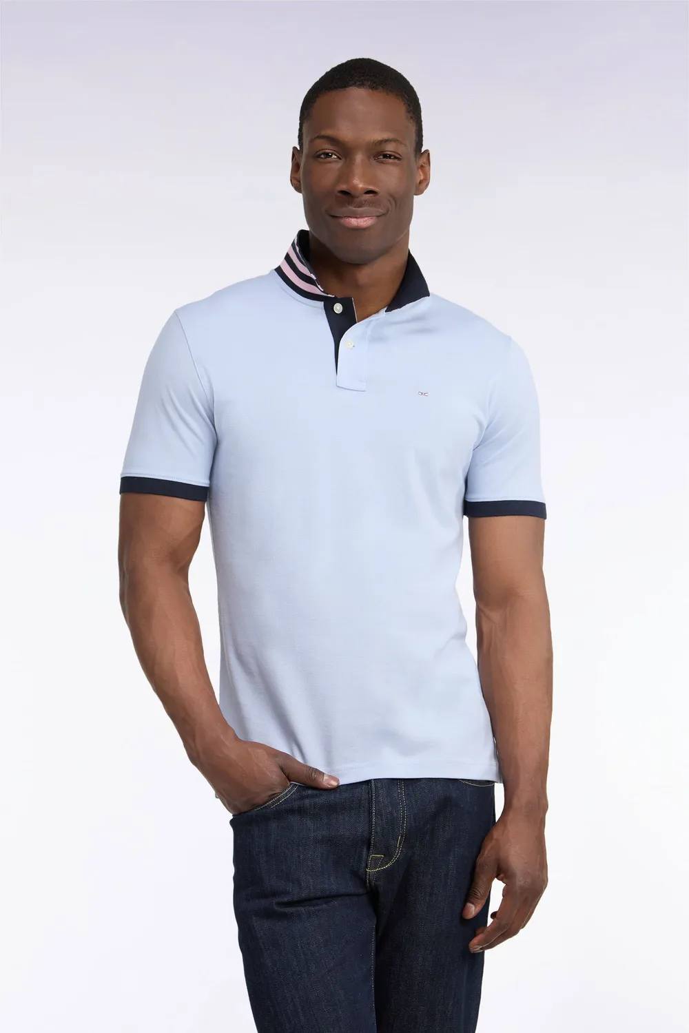Eden Park Polo Coton Pima Gris Sous-Col Rayé Droit Homme