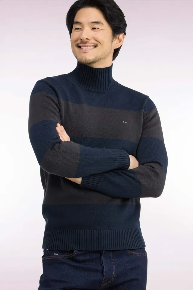 Eden Park Tradi Preppy pull homme col cheminée rayé marron