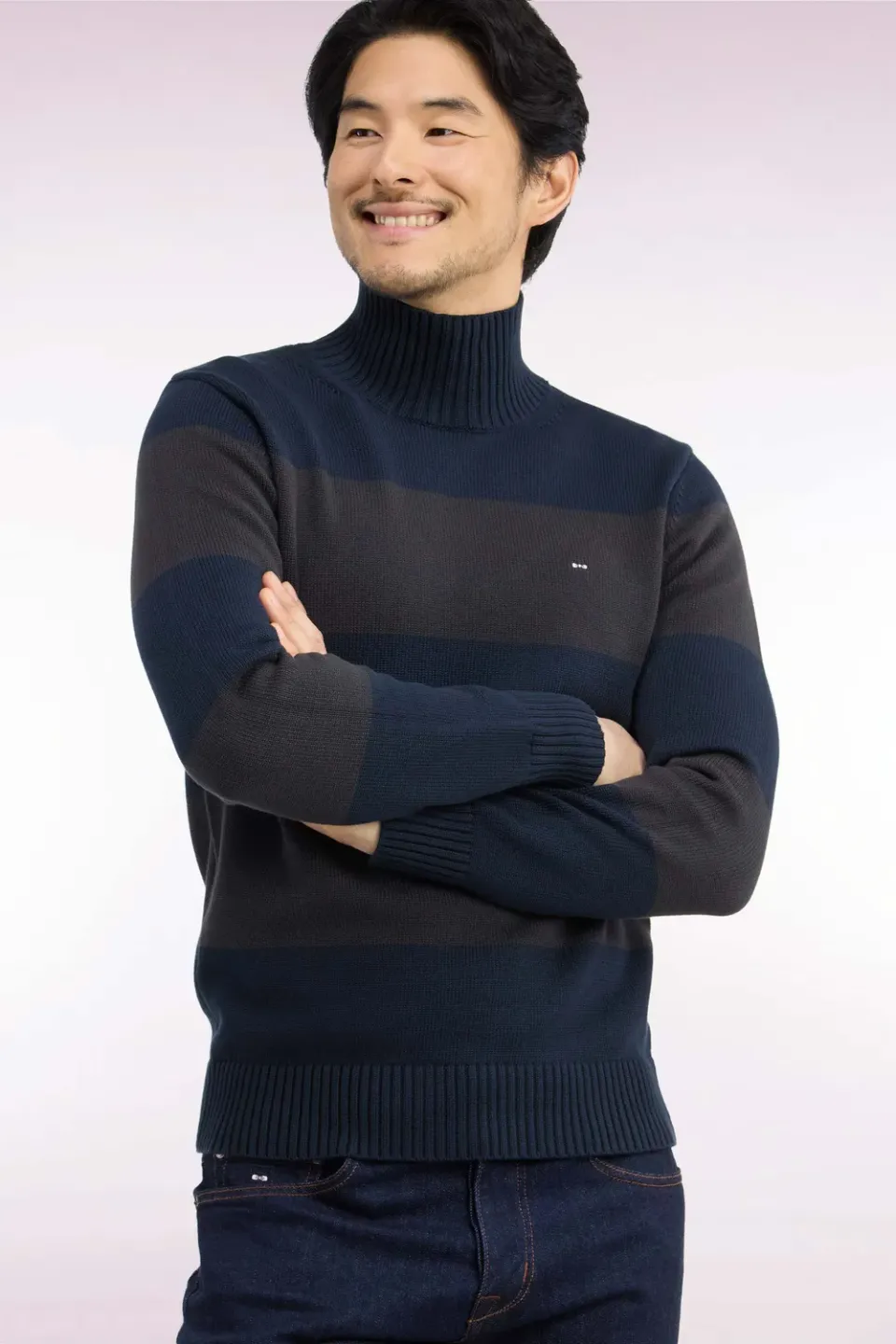 Eden Park Tradi Preppy pull homme col cheminée rayé marron