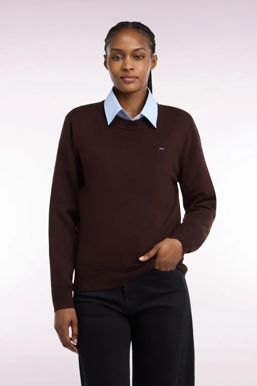 Eden Park Pull laine marron femme col rond droit