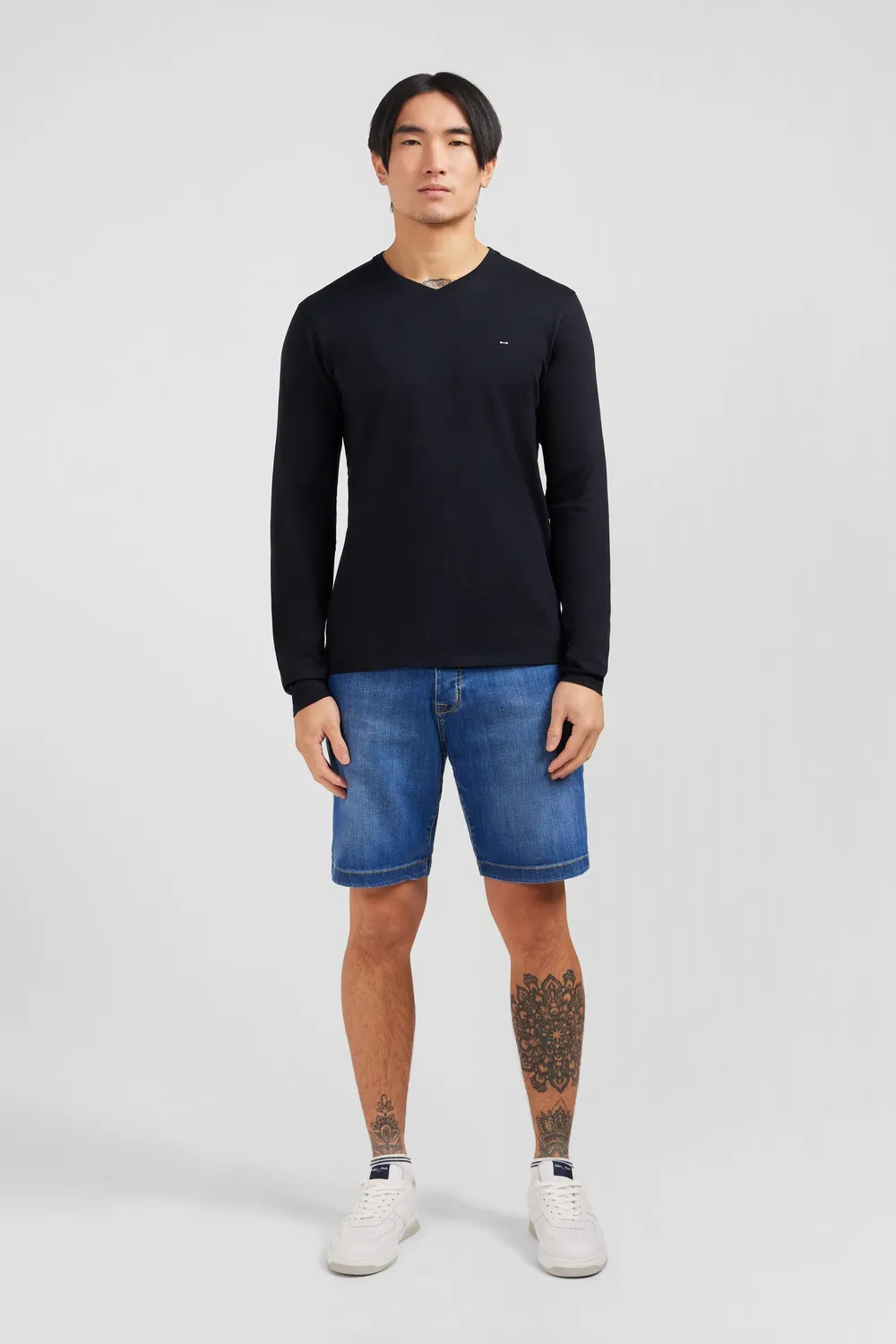 Eden Park t-shirt col V noir manches longues pima