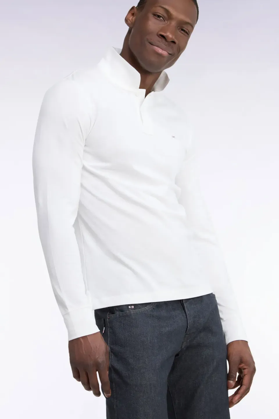 Eden Park polo manches longues coton Pima blanc coupe droite