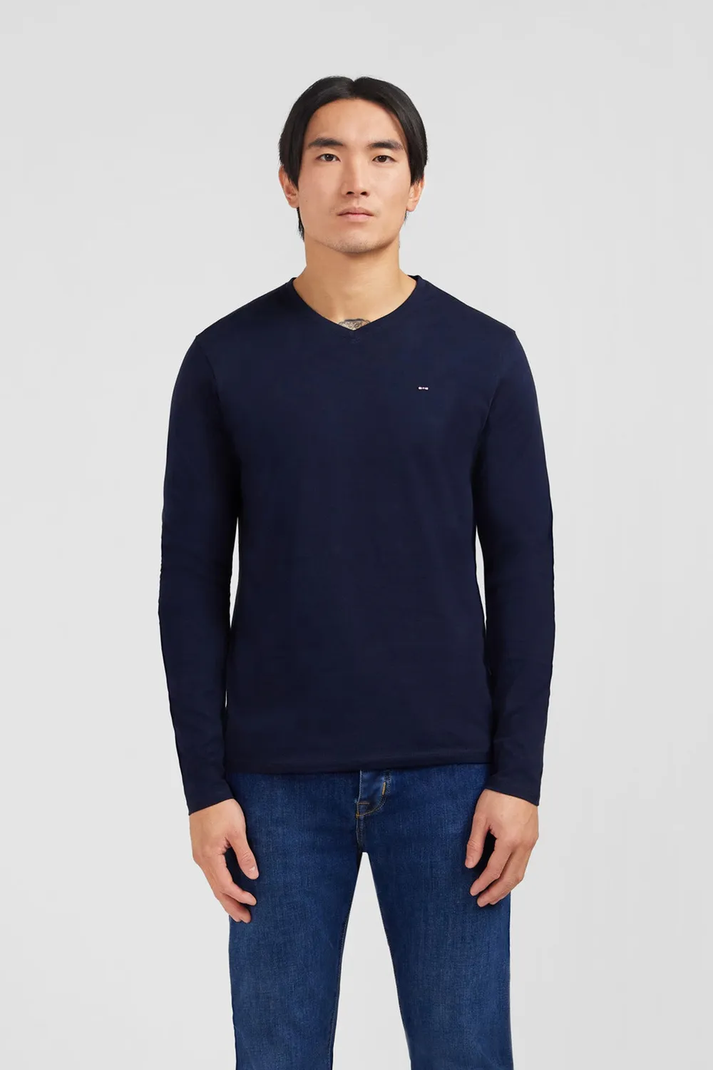 Eden Park t-shirt col V manches longues bleu marine Pima