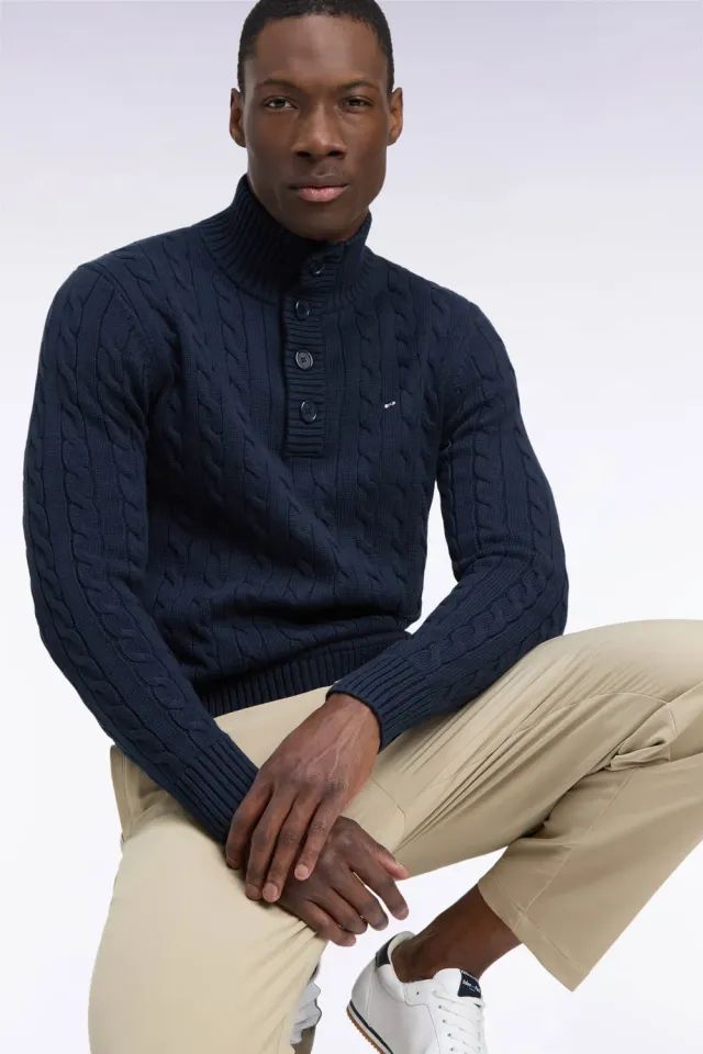Eden Park pull torsades marine coton col boutonné