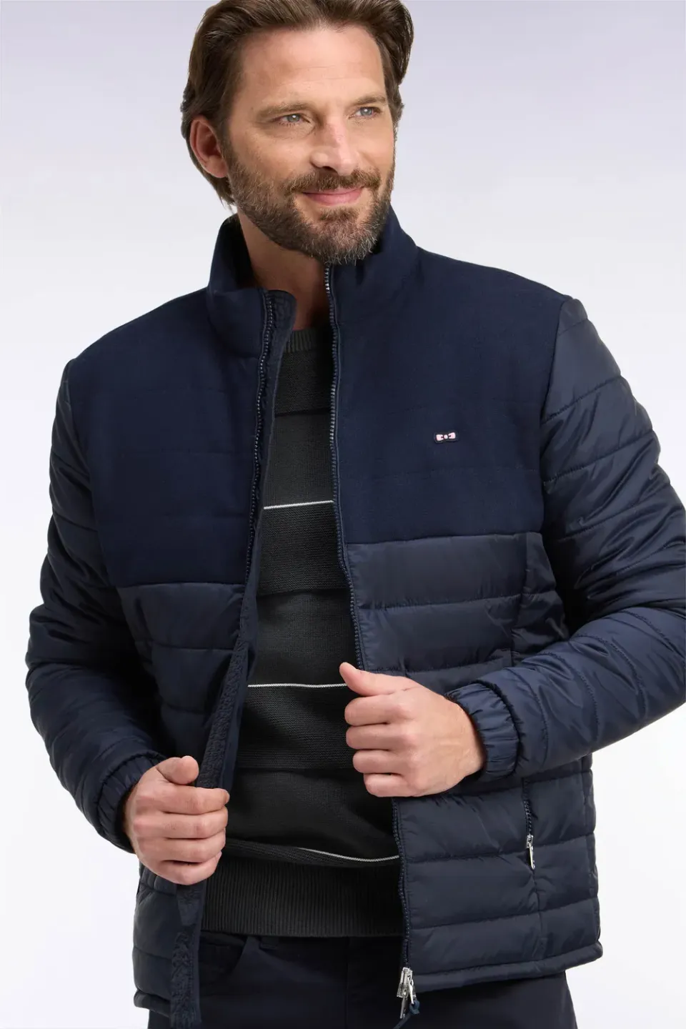 Eden Park doudoune bimatière nylon flanelle marine homme
