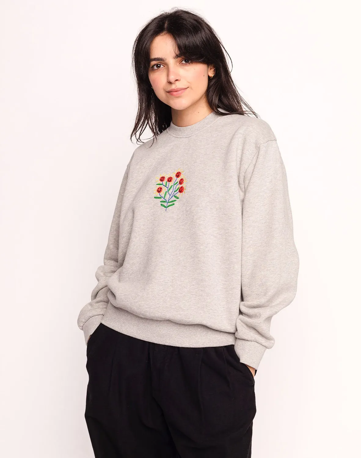 Olow Happy Flower sweat gris chiné coton bio