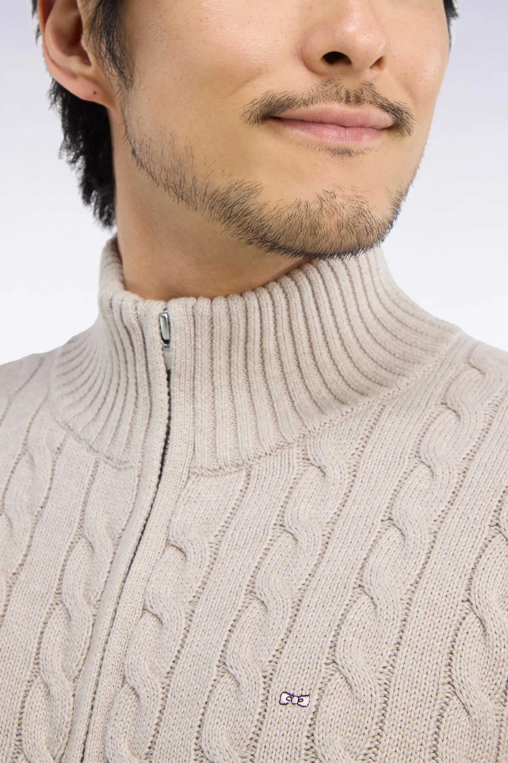Eden Park cardigan torsades zippé coton beige coupe droite