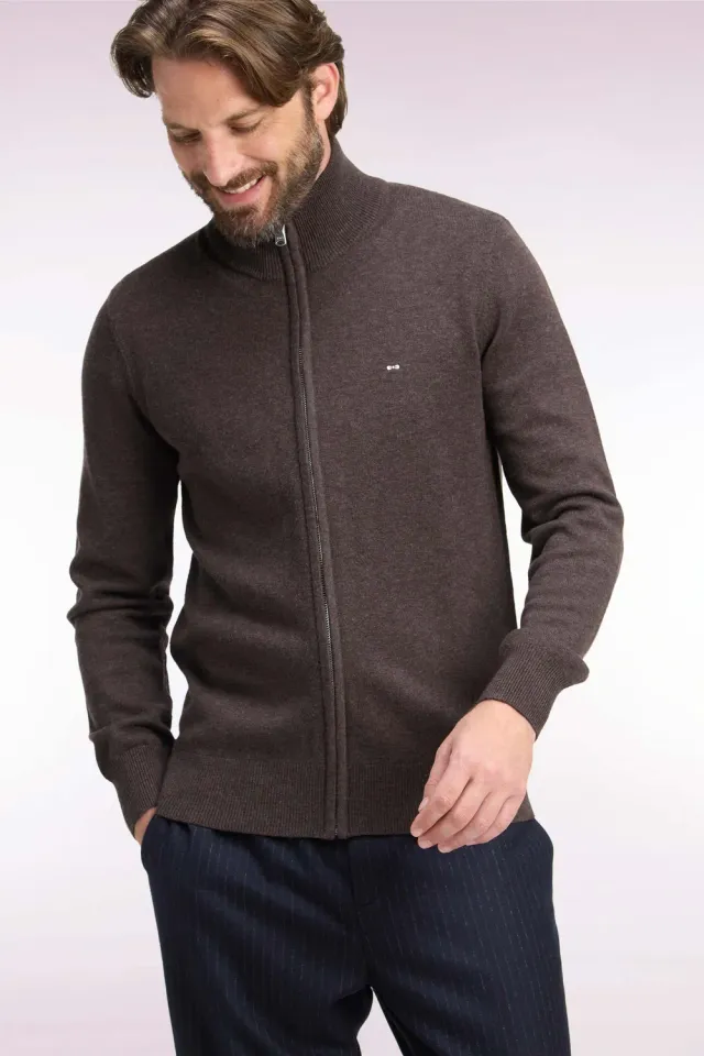 Eden Park cardigan zippé marron laine coton