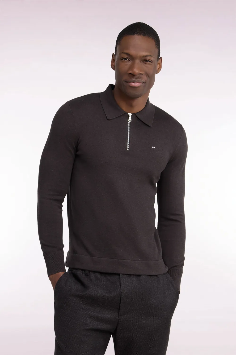 Eden Park Après Match pull col polo zippé marron coupe droite