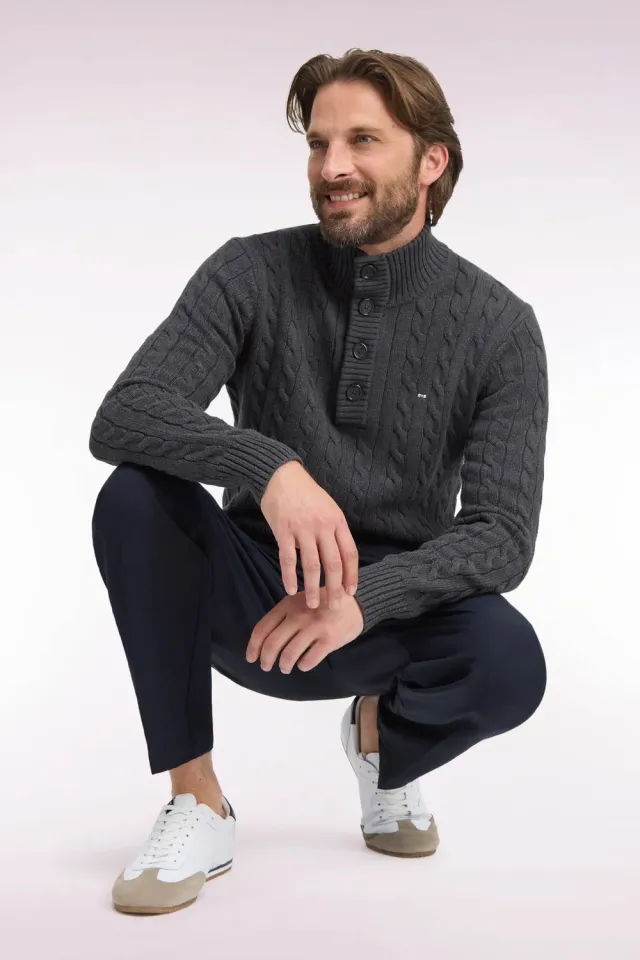 Eden Park pull torsades col boutonné coton gris coupe droite
