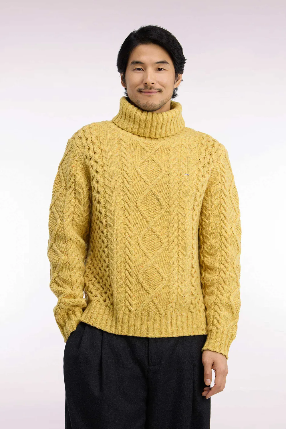 Eden Park pull col roulé jaune torsadé laine homme