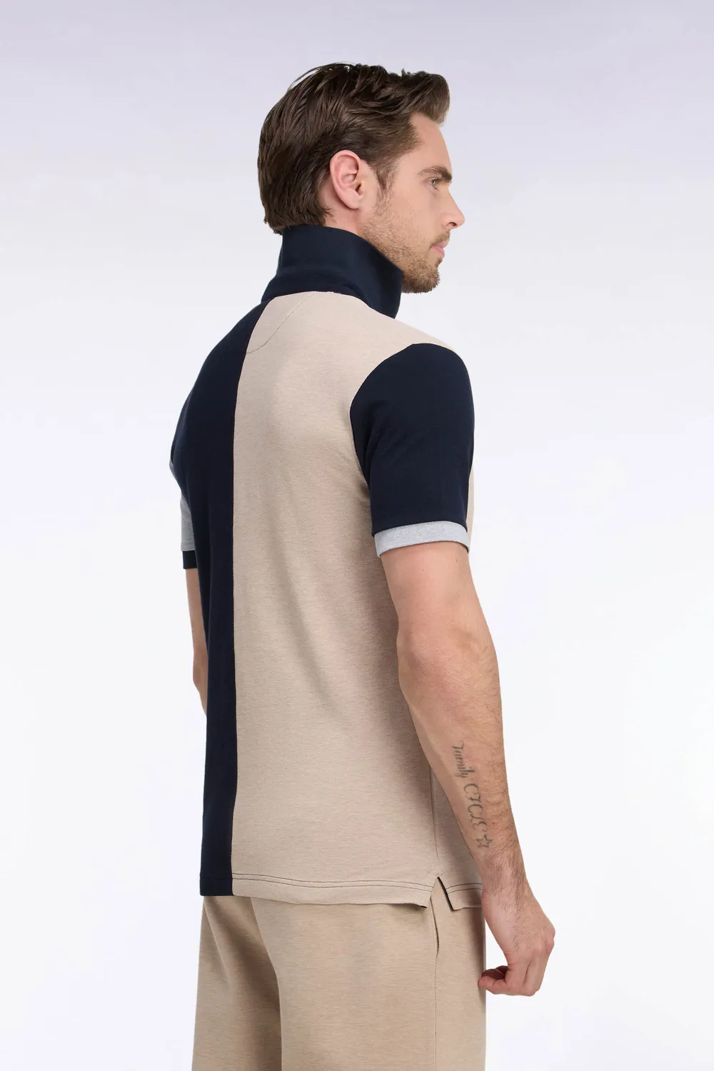 Eden Park polo beige tricolore coton peigne coupe droite