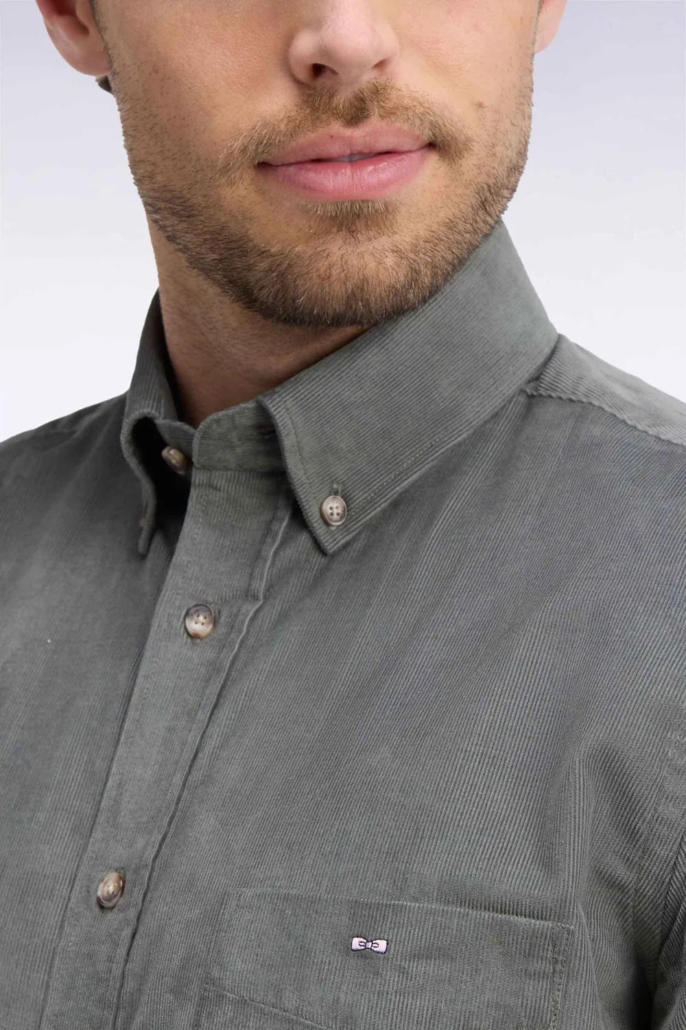Eden Park chemise coton côtelé kaki coupe droite