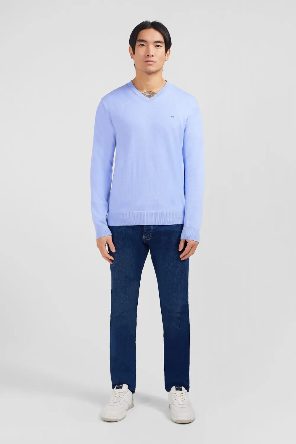 Eden Park Pull Col V Coton Bleu Logo Rose Coupe Regular
