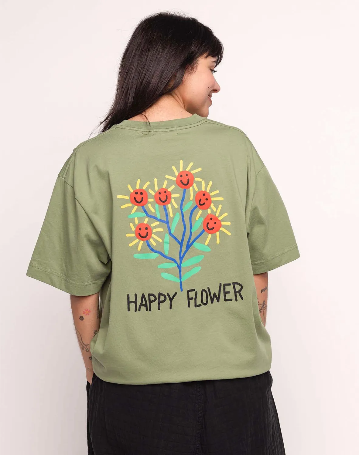 Olow Happy Flower t-shirt ample vert sauge bio