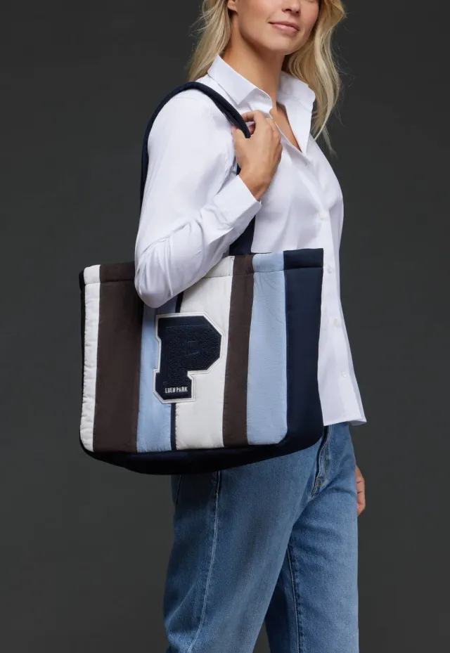 Eden Park sac cabas velours rayé bleu upcyclé 40 cm