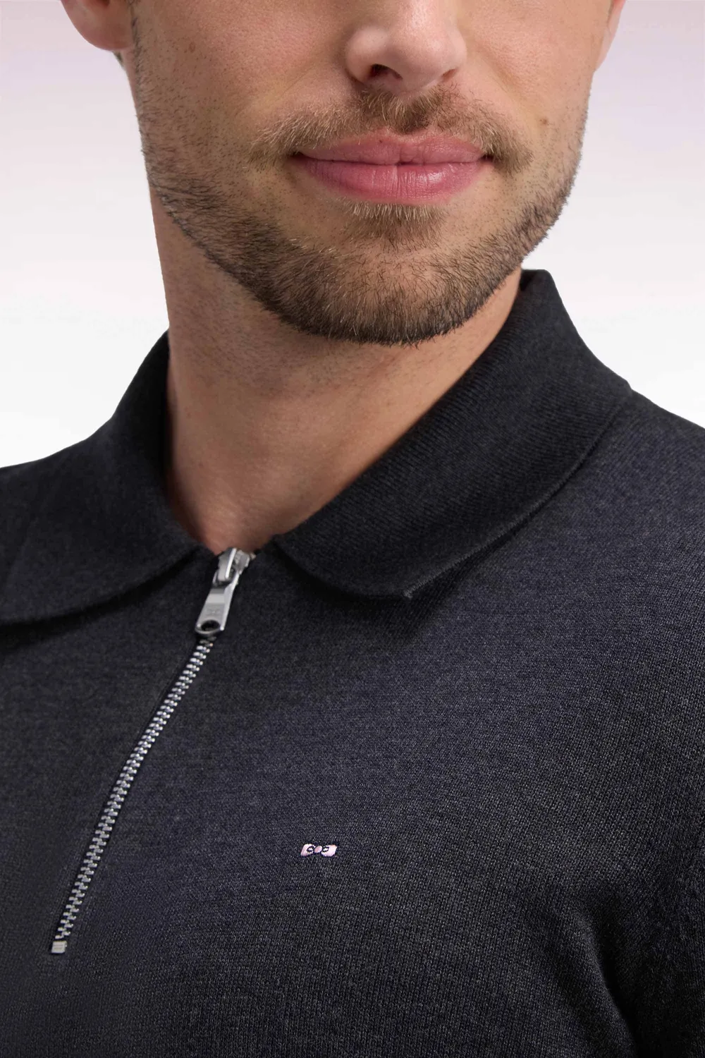 Eden Park pull col polo zippé coton viscose gris foncé