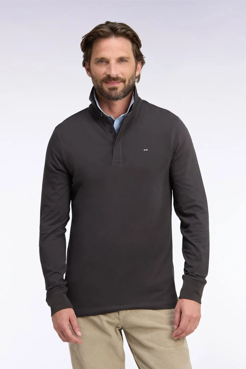 Eden Park polo manches longues coton marron stretch slim