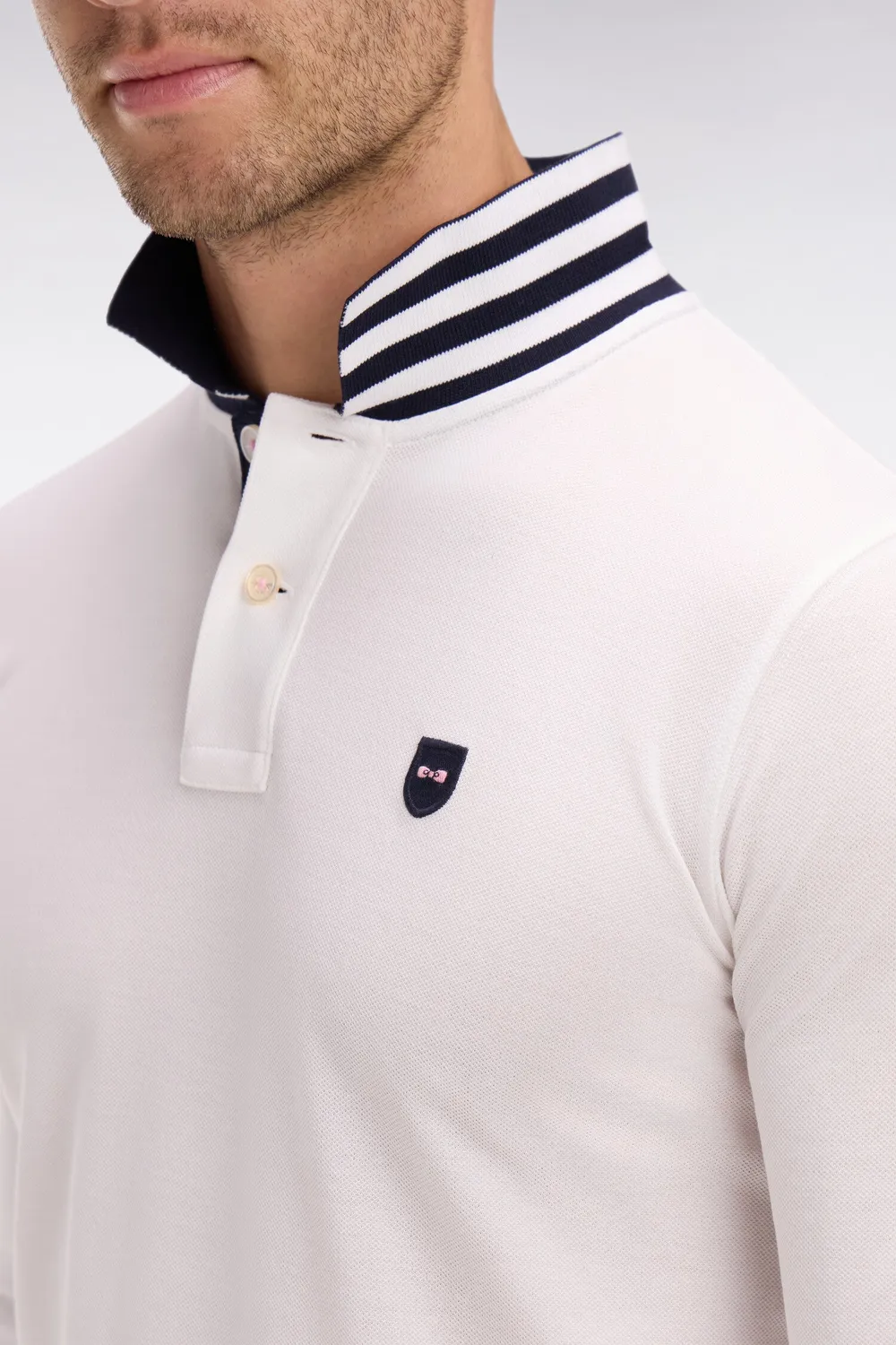 Eden Park polo manches longues blanc coton piqué col contrasté