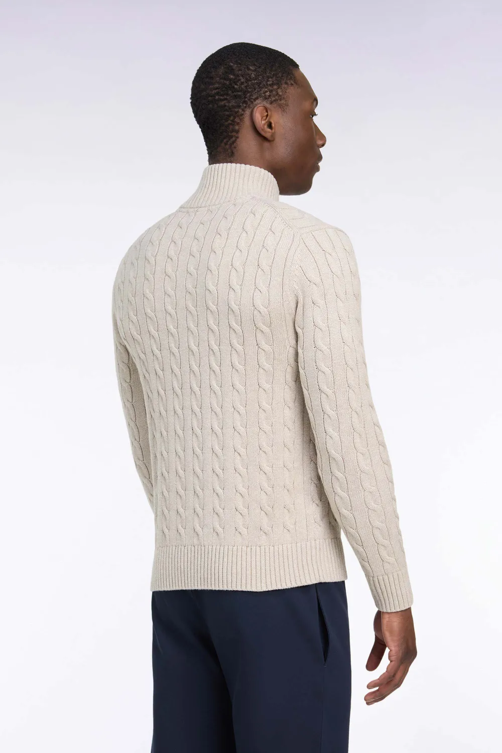 Eden Park pull homme beige torsades coton col boutonné droit