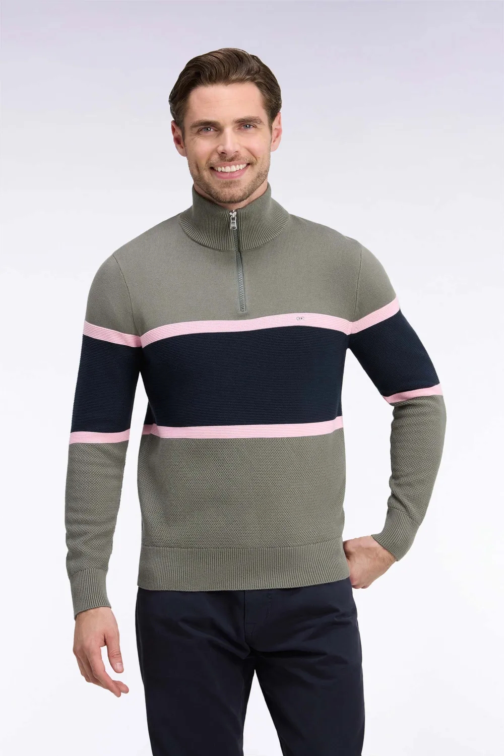 Eden Park Tricolore pull homme vert olive col camionneur