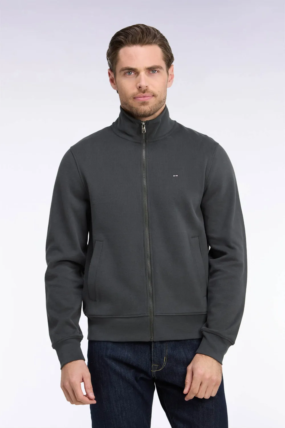 Eden Park sweat homme zippé kaki molleton coton droit