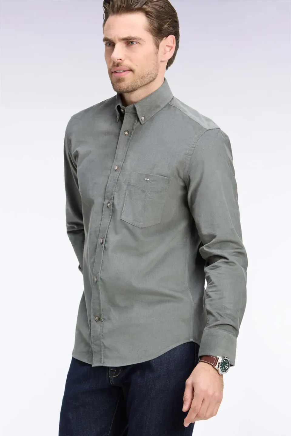 Eden Park chemise coton côtelé kaki coupe droite