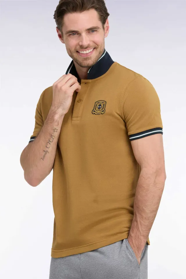 Eden Park College polo manches courtes camel écusson coton