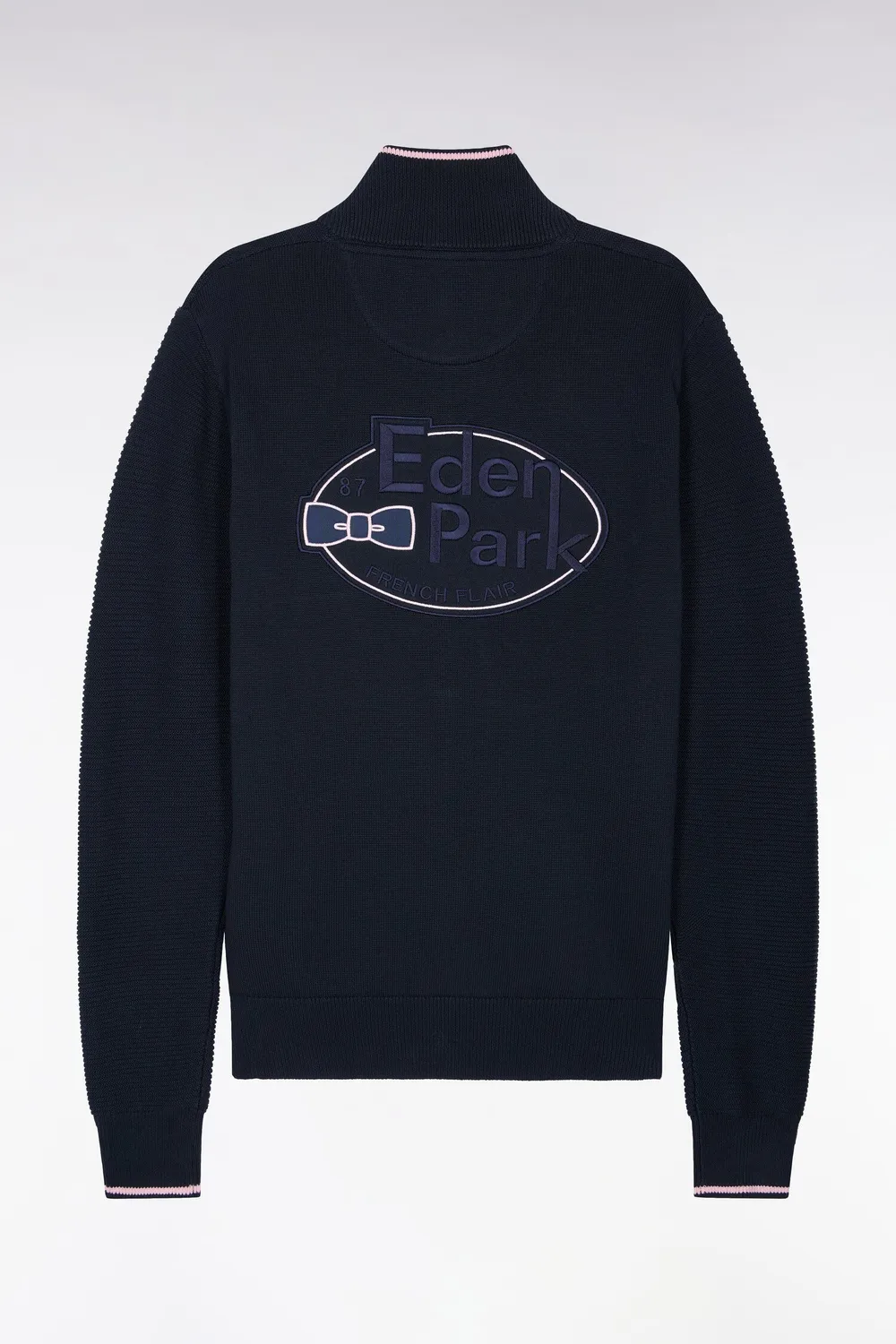 Eden Park cardigan jersey coton marine zippé broderie dos