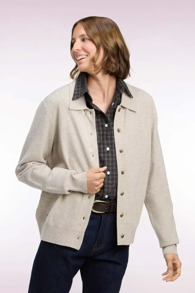 Eden Park Club cardigan femme laine cachemire beige col polo
