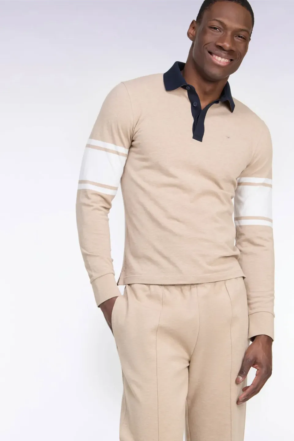 Eden Park Club Evolution polo beige manches longues piqué