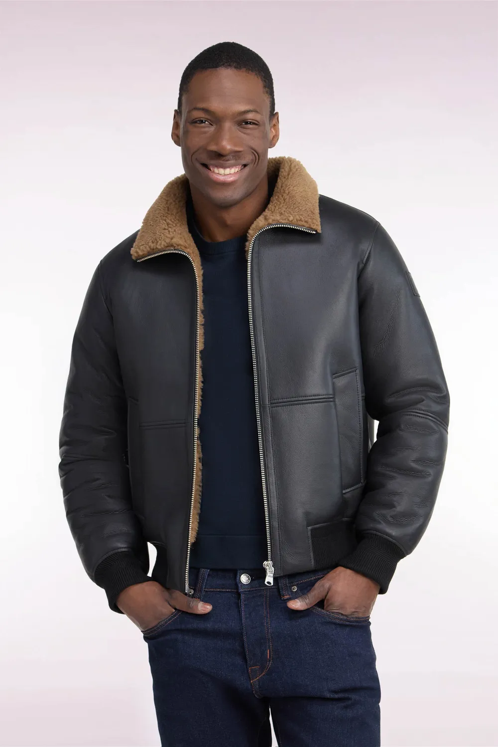 Eden Park blouson peau lainée noir shearling homme