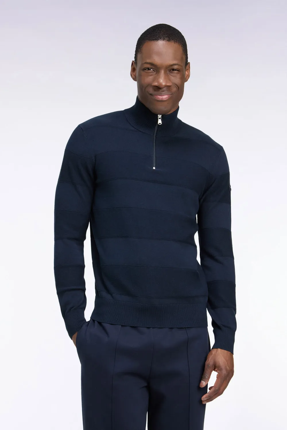 Eden Park pull golf col zippé marine coton viscose droit