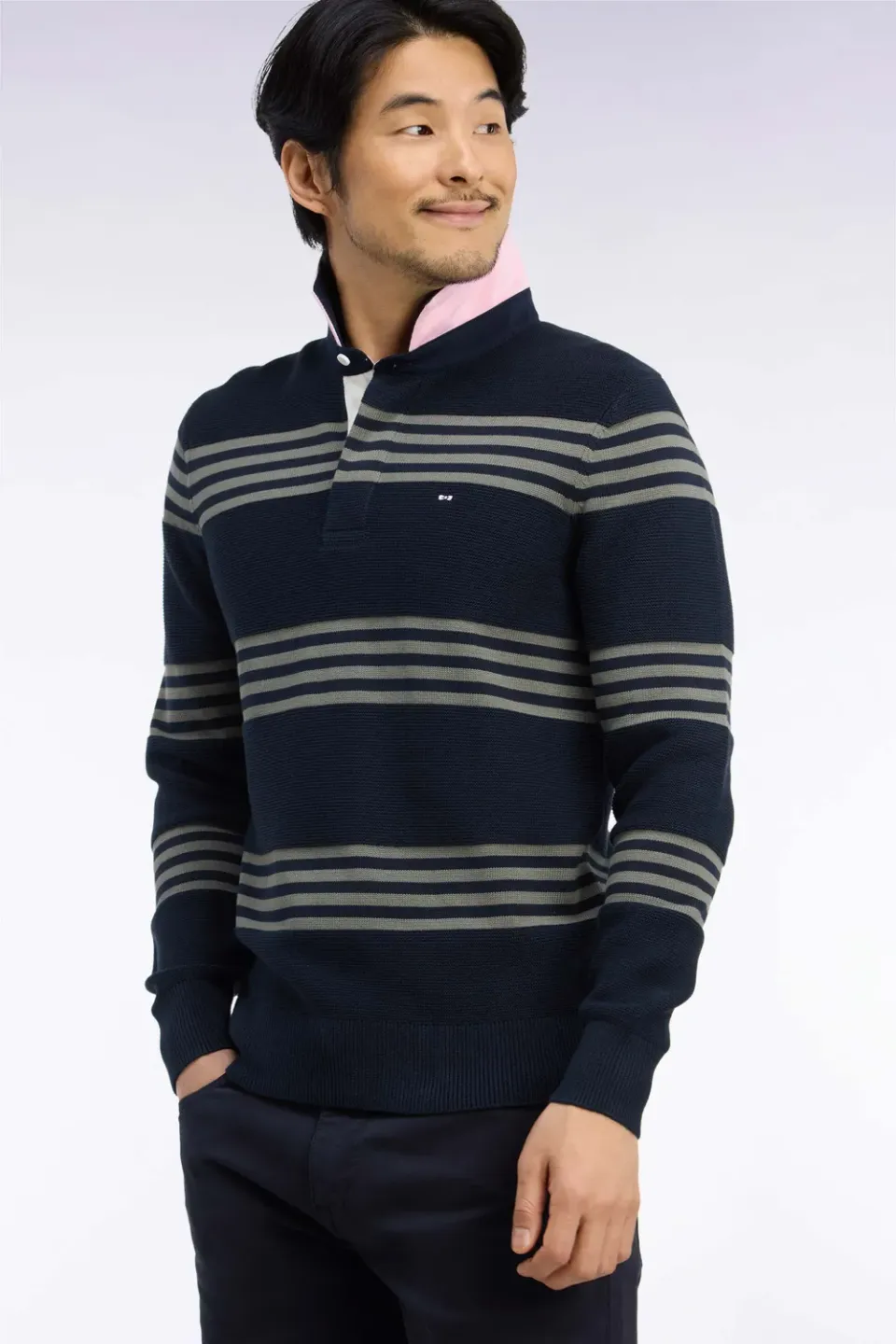 Eden Park pull col maillot vert olive marine coton