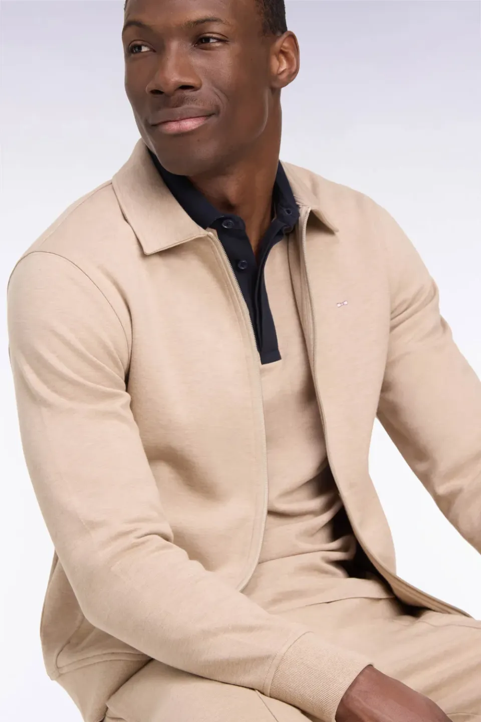 Eden Park sweat zippé col polo beige coupe droite
