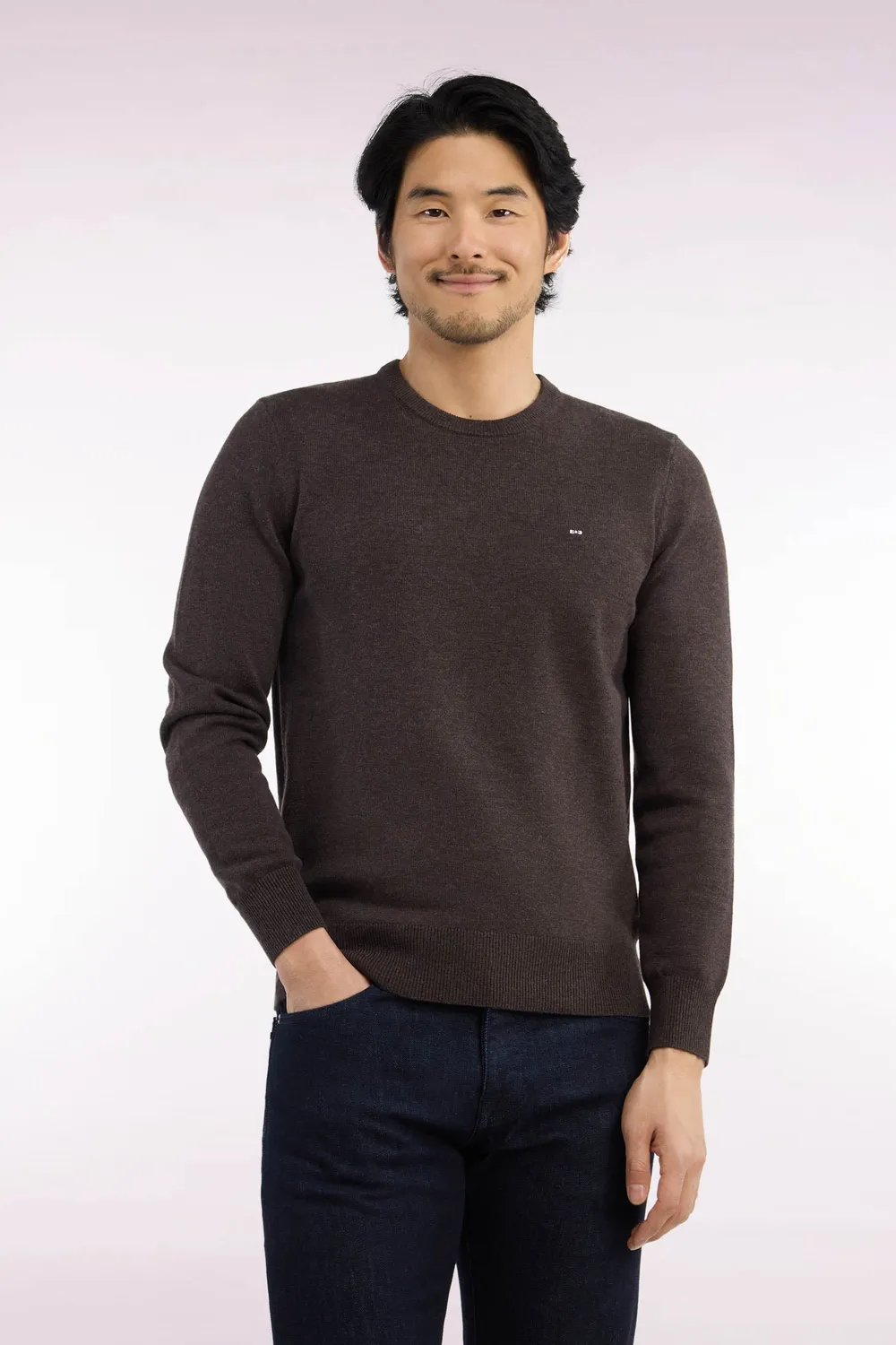 Eden Park pull col rond laine coton marron coupe droite