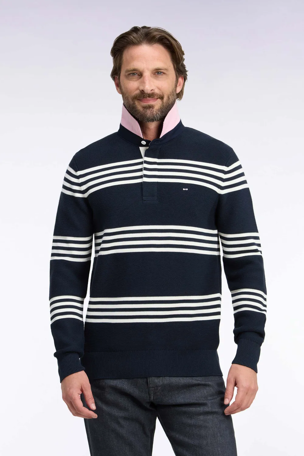 Eden Park Tricolore pull coton col maillot écru marine droit